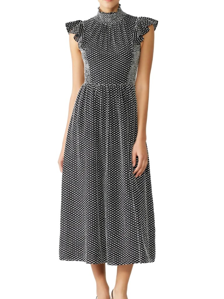 $428 Kate Spade Black White Spotted Smocked Clip Midi Dress Size 0